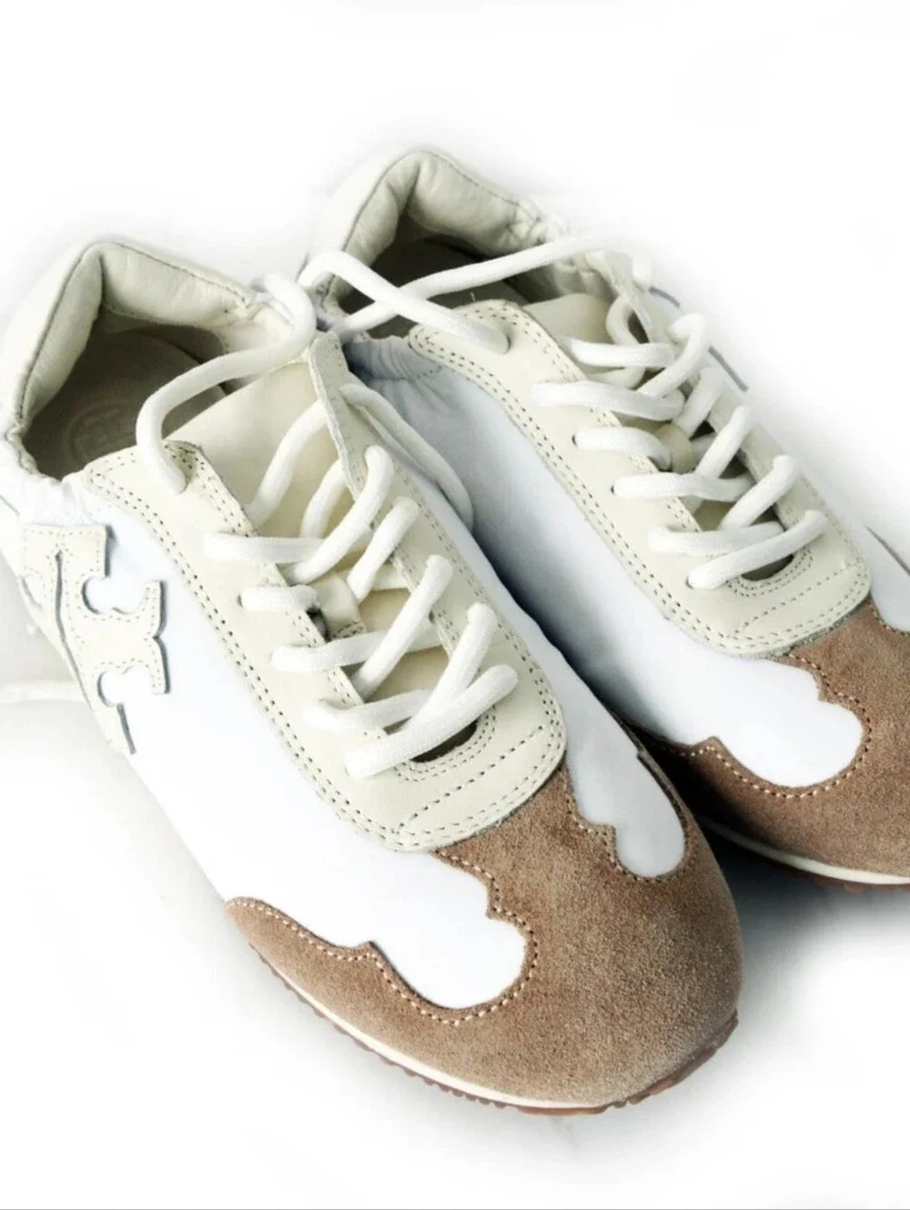 BURCH TORY SNEAKER NYLON/LEATHER/SUEDE T LOGO IVORY/TAN/SZ US 8.5